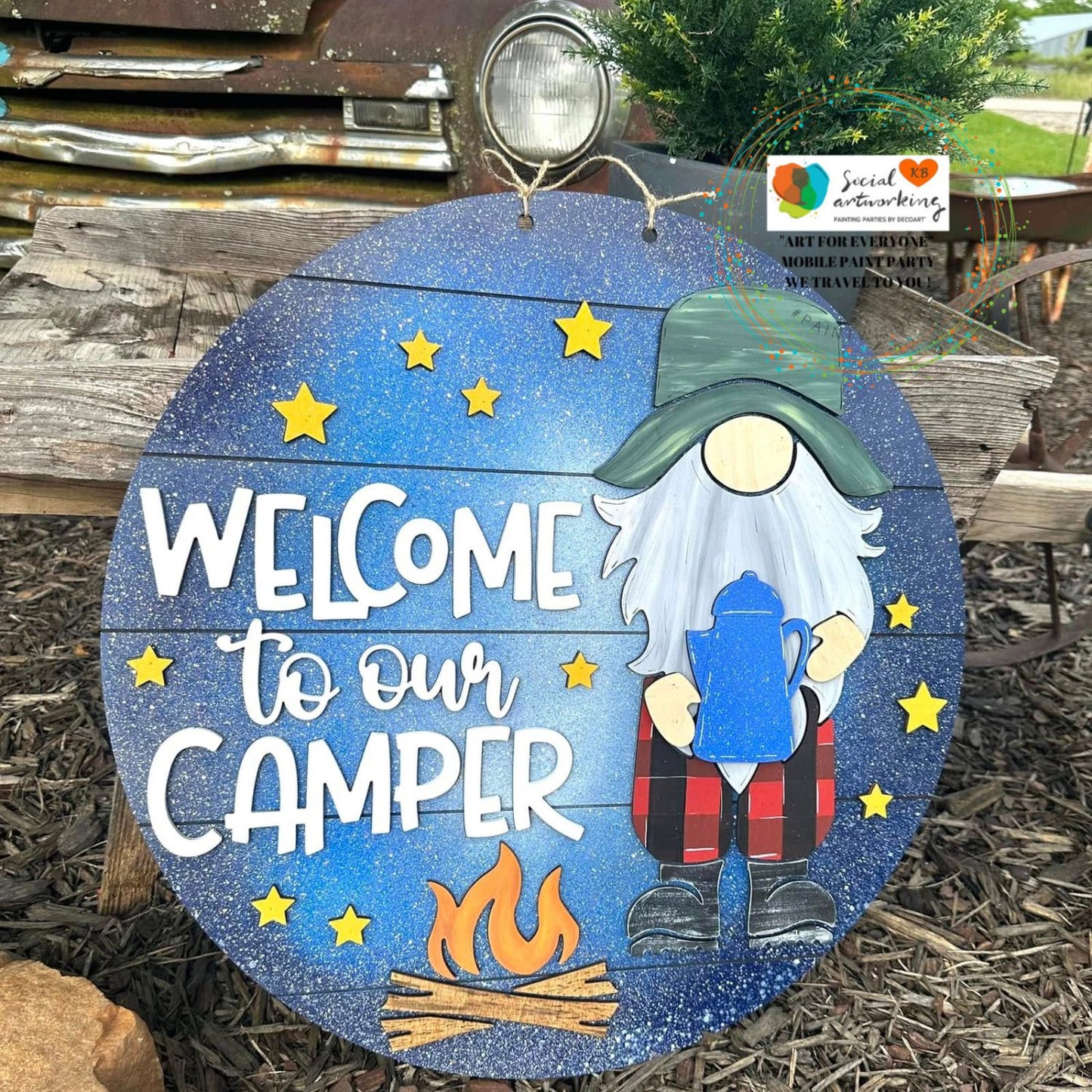 Welcome to our camper gnome with coffee pot 2-D Wood Hanger