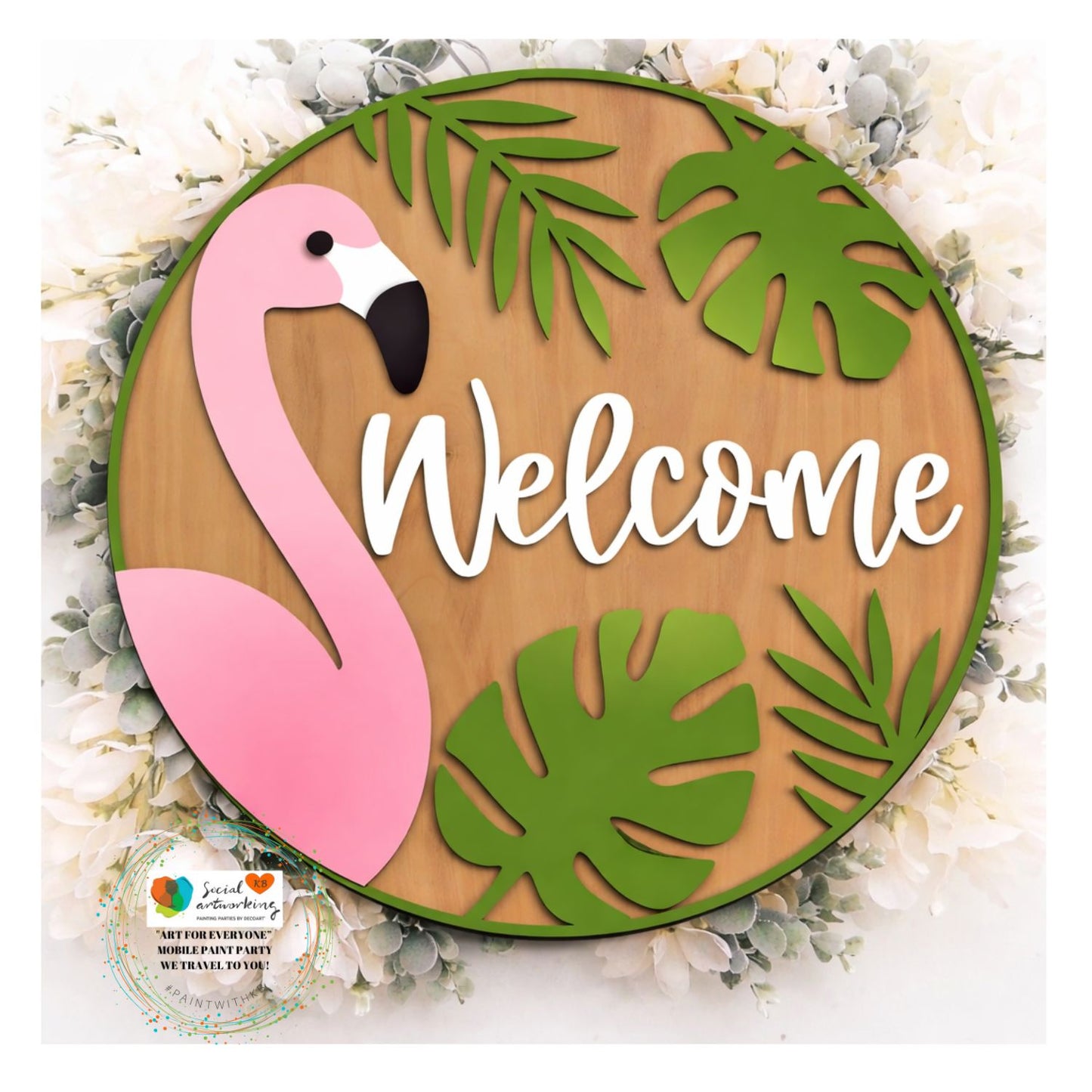 Welcome Flamingo with Leaves 2-D Wood Hanger