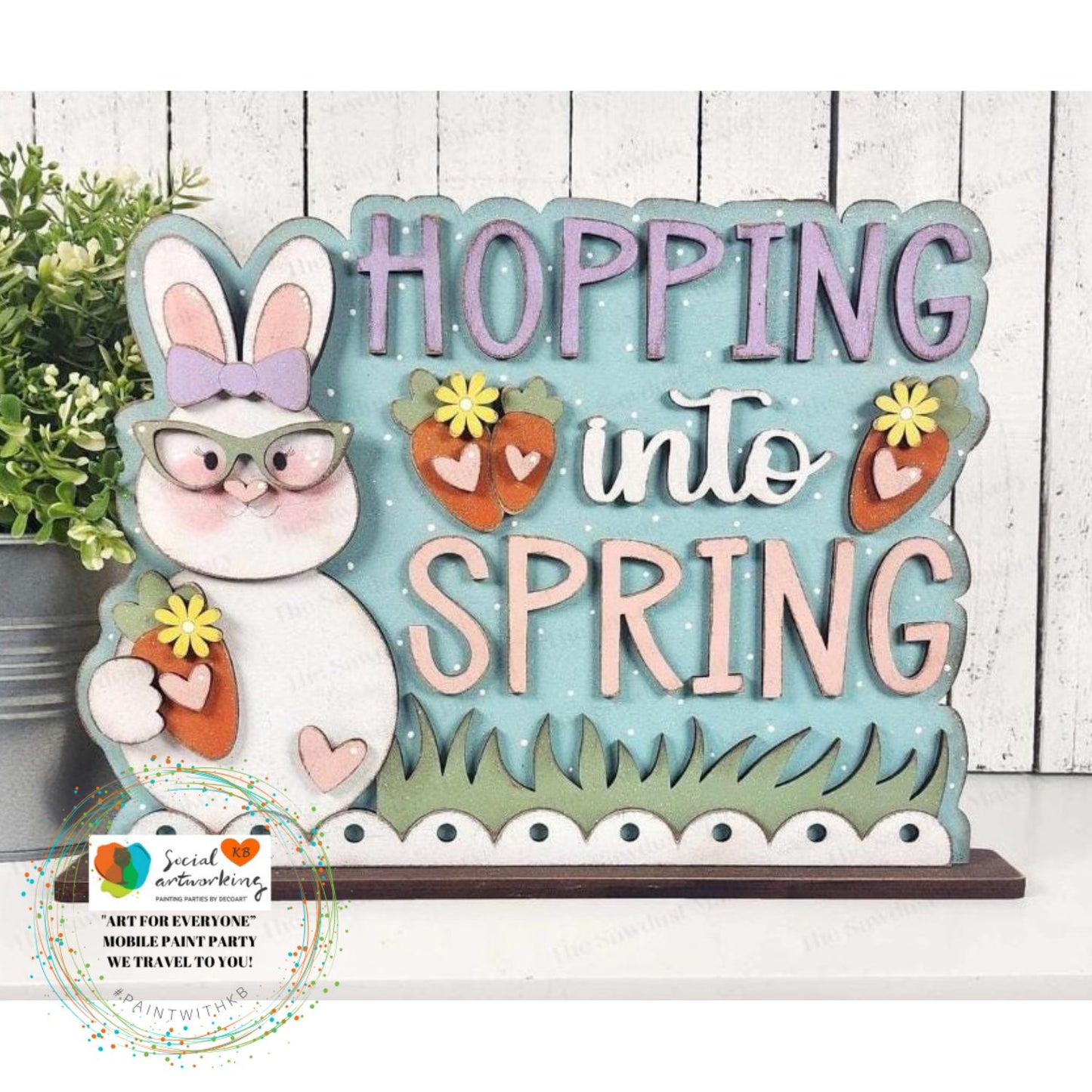 Hopping into Spring Word Art Shelf Sitter Stand Alone 2-D Wood Shape