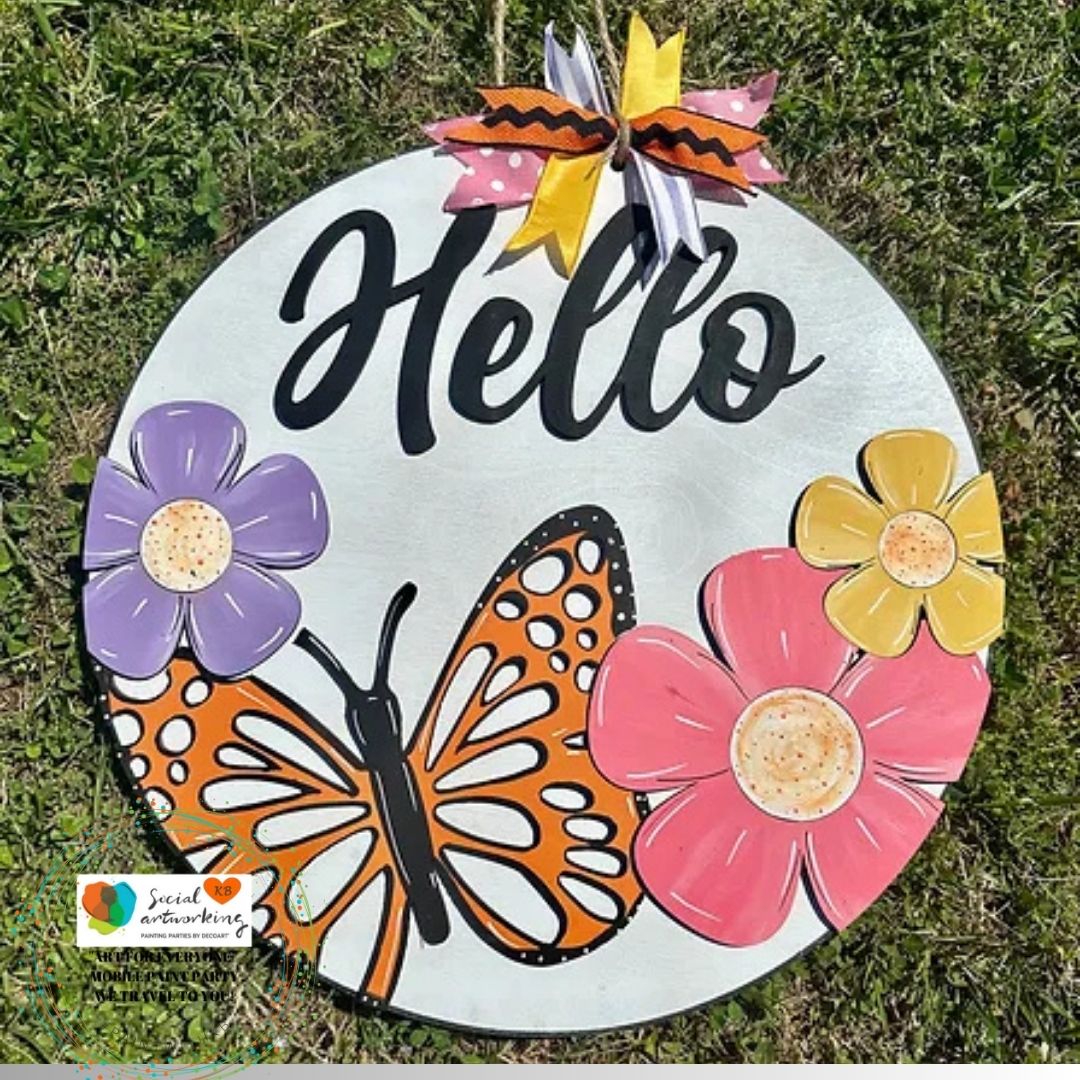 Butterfly Flowers Hello 2-D Wood Door Hanger