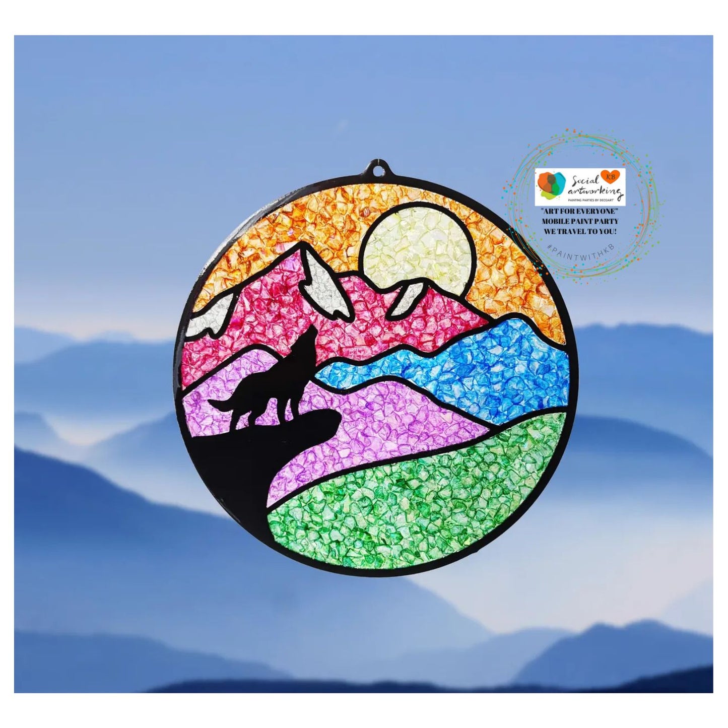 Faux Stain Glass Howling Wolf 6 or 8 inch shape