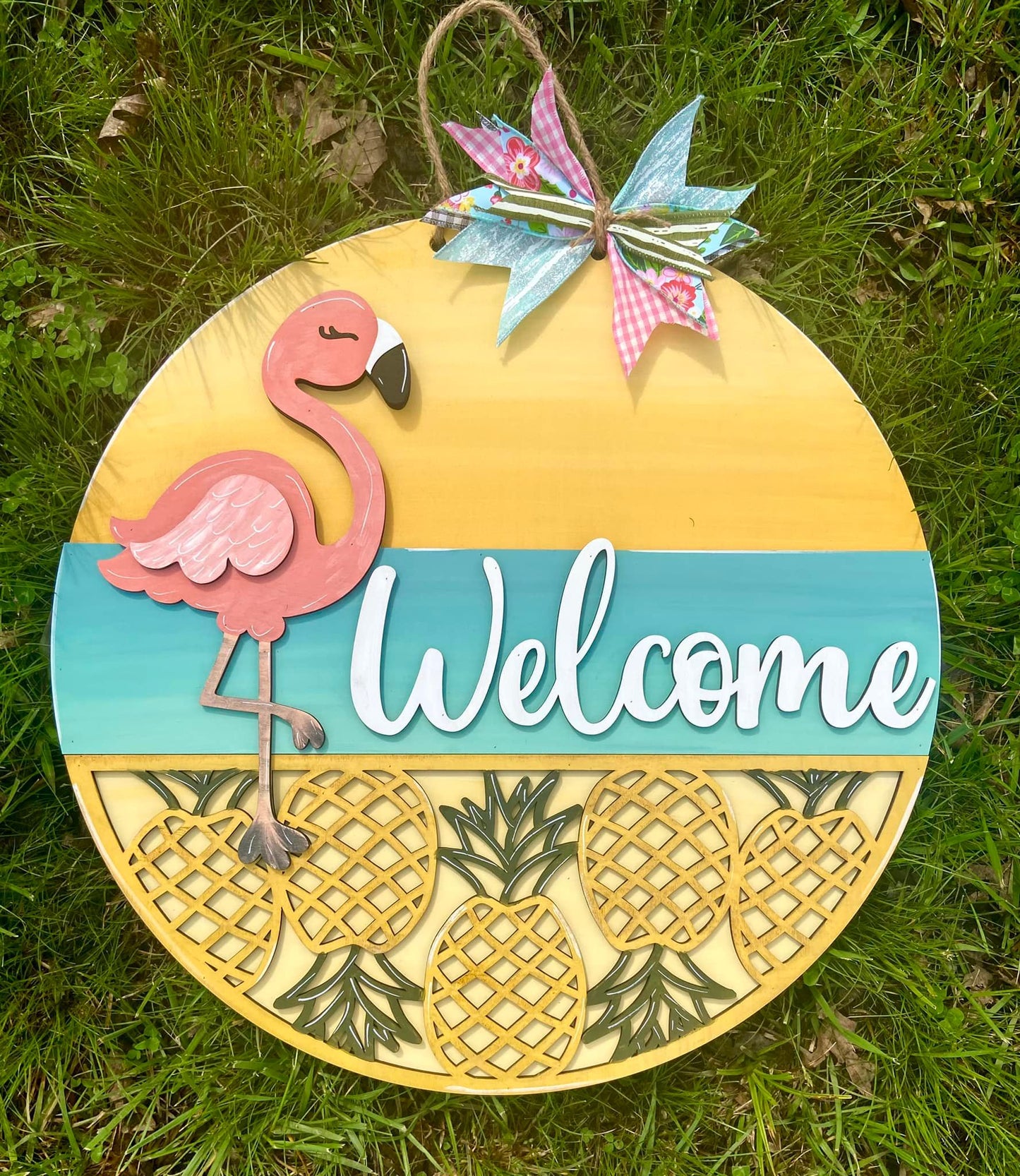Welcome Flamingo Pineapples 2-D Wood Shape