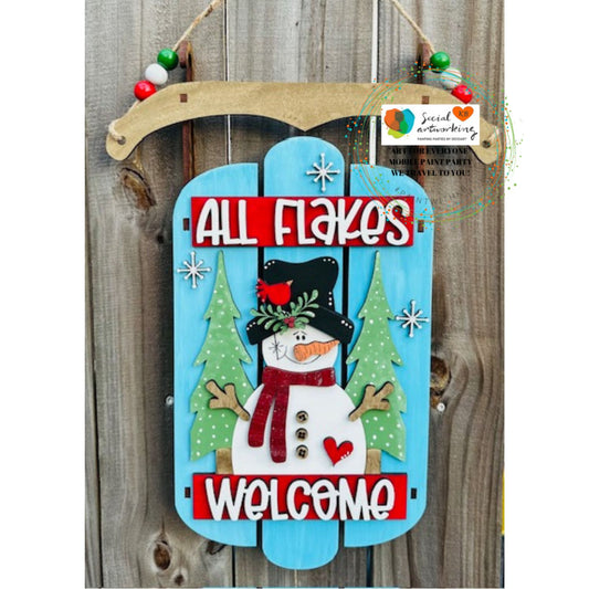 All Flakes Welcome Snowman Sled 3-D Door Hanger
