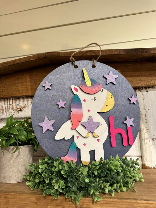 Hi Unicorn holding Star 2-D Wood Kids Sign