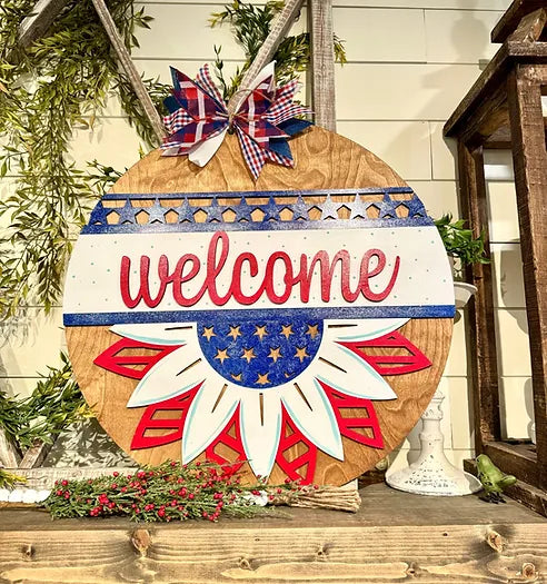 Welcome Patriotic Sunflower 2-D Wood Door Hanger