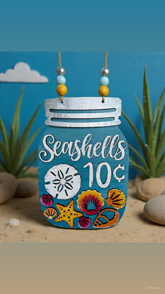 Seashells Mason Jar 2-D Wood Hanger