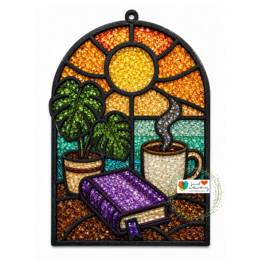 Books Coffee Monsteras Suncatcher 6 or 8 inch shape