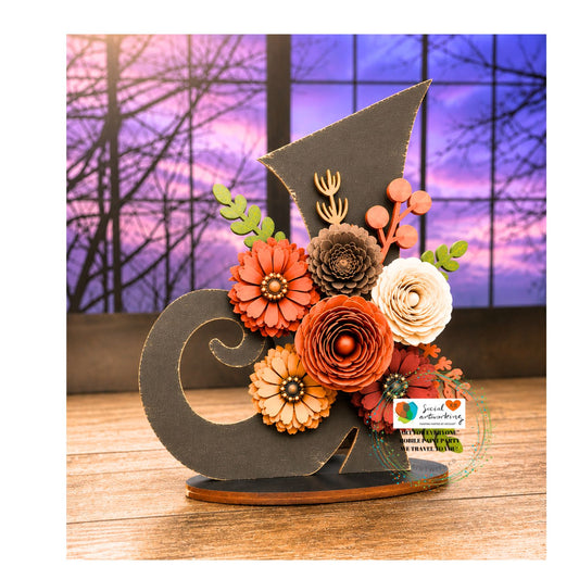 Floral Halloween Witch Boot with Wood Flowers