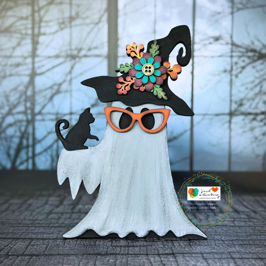 Floral Ghost Cat Lady Ghost Witch with Wood Flowers 2-D Wood Shape