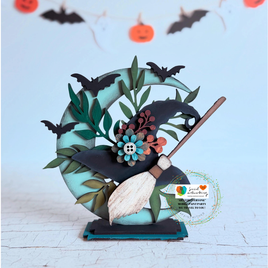 Crescent Moon Witch Hat & Broom 2-D Wood Shape