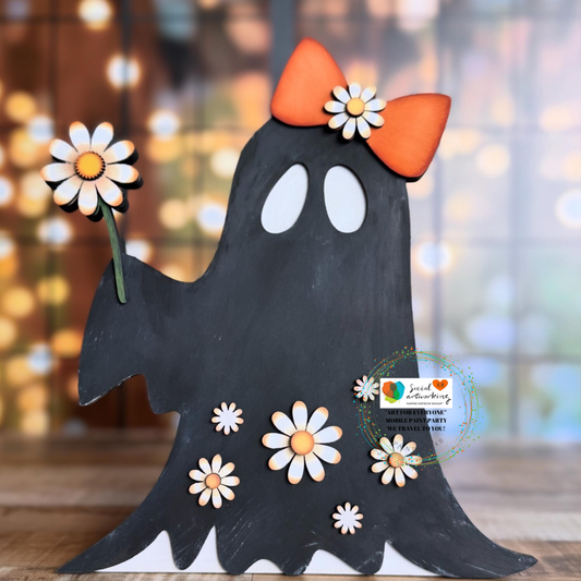 Cute Daisy Ghost with Bow with Wood Flowers 2-D Wood Shape