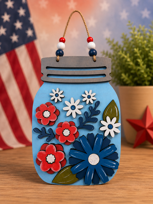 Floral Patriotic Mason Jar Sign 2-D Wood Shape