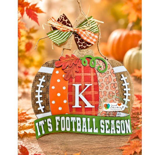 Patchwork Pumpkin Football Game Day Personalized 2-D Wood Door Hanger