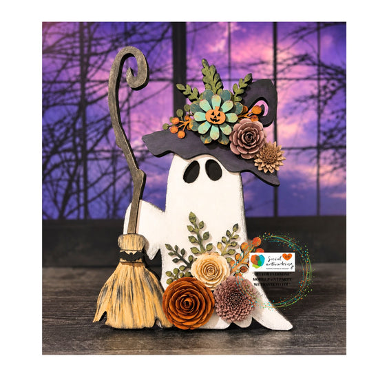 Floral Ghost Witch With Broomstick with Wood Flowers