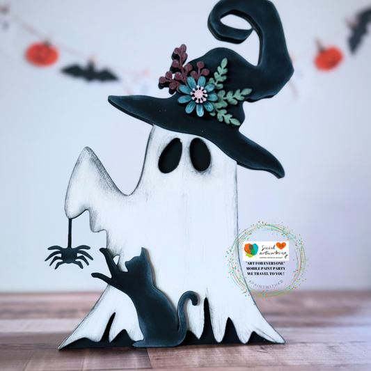 Ghost Witch With Spider and cat Ghost Witch with Wood Flowers 2-D Wood Shape