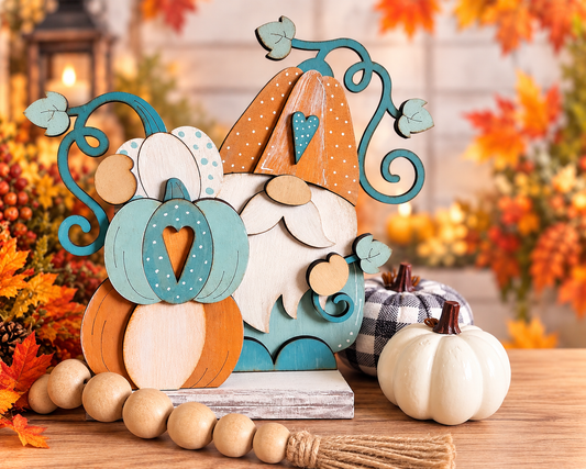 Standing Pumpkin Hat Gnome with Stacked Pumpkins Shelf Table Sitte 3-D Wood Shape