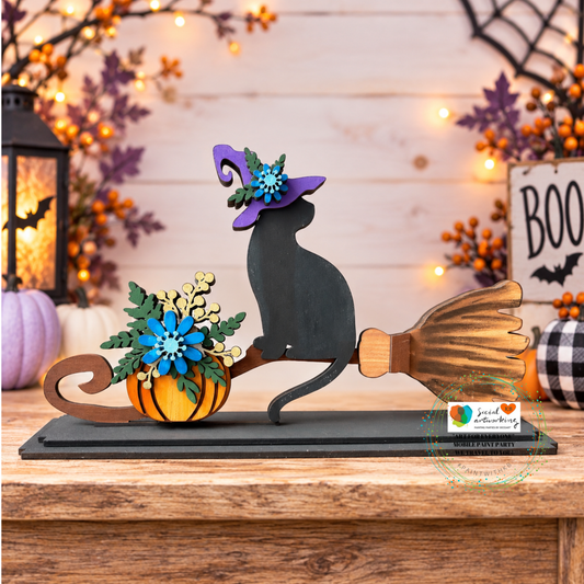 Halloween Cat on Broomstick Shelf Sitter 2-D Shape
