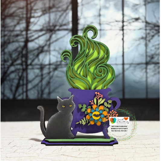 Halloween Cauldron With Cat Shelf Sitter with Wood Flowers 2-D Wood Shape