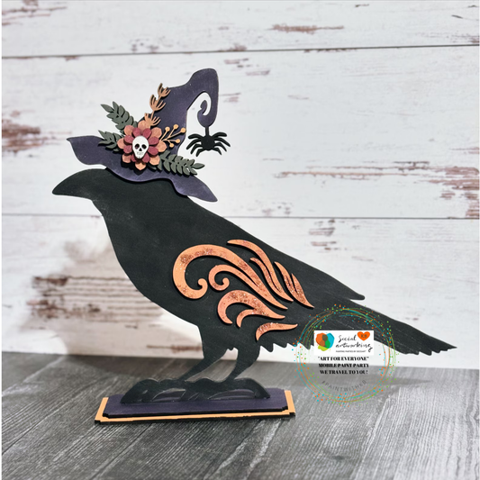 Halloween Raven In Witch Hat Shelf Sitter with Wood Flowers 2-D Wood Shape