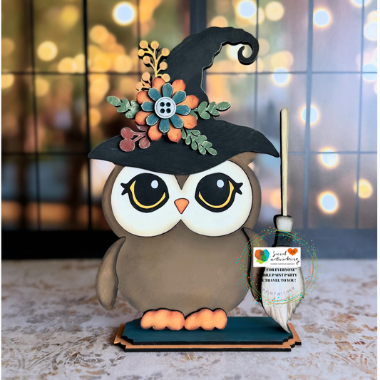 Halloween Witch Owl Shelf Sitter with Wood Flowers 2-D Wood Shape