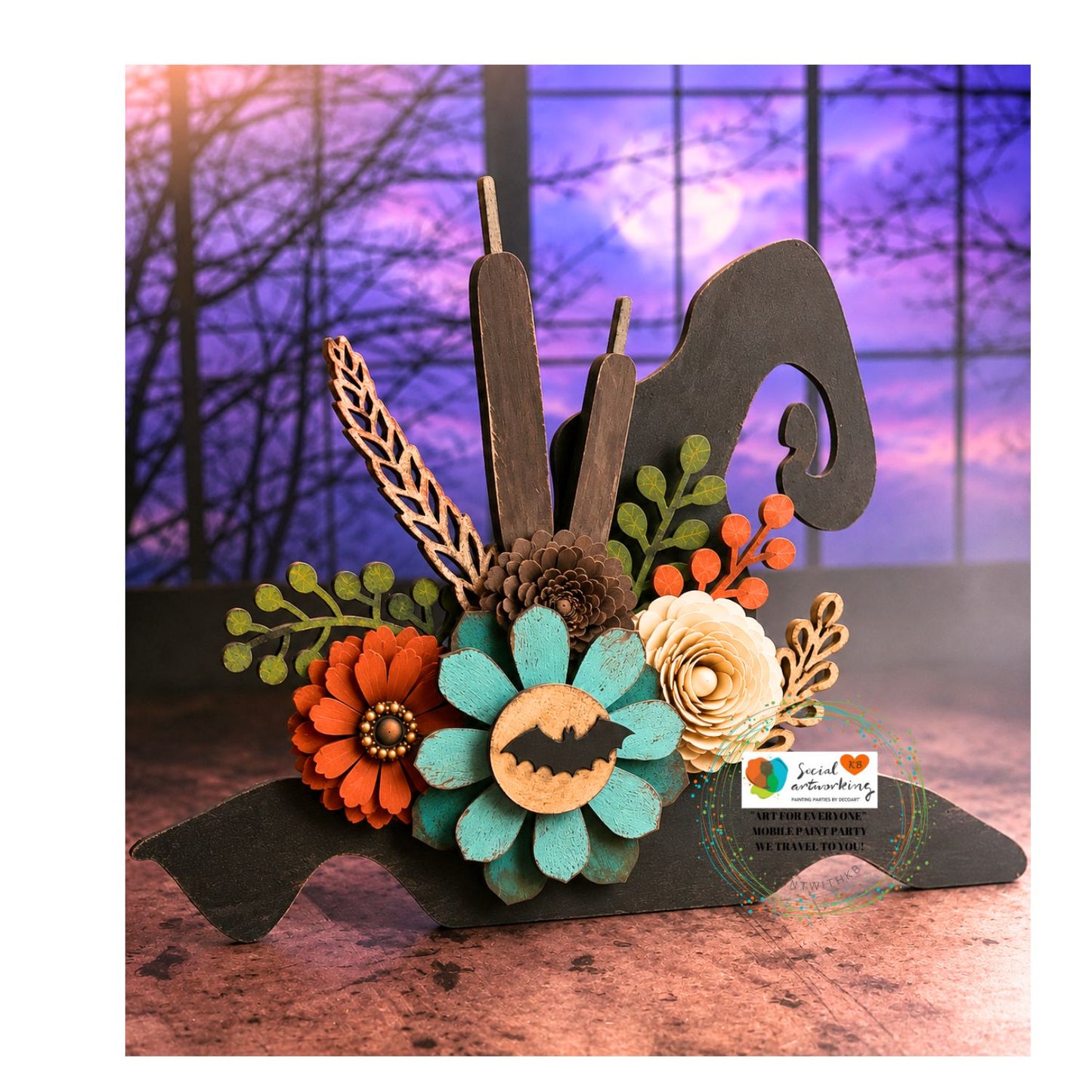 Floral Halloween Fall Witch Hat with Wood Flowers