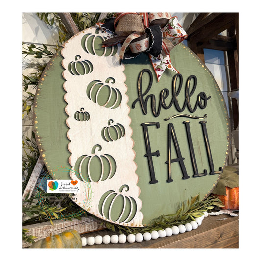 Hello Fall Round with cutouts 2-D Wood Door Hanger