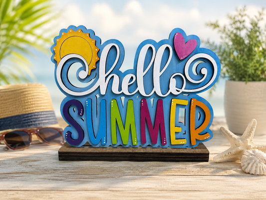 Hello Summer Word Art Shelf Sitter Standing Sign 2-D Wood Sign
