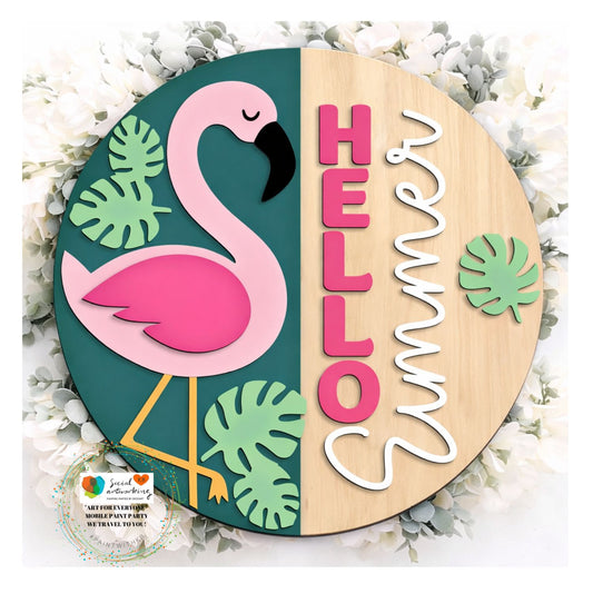 Hello Summer Flamingo full body with leaves 2-D Wood Hanger