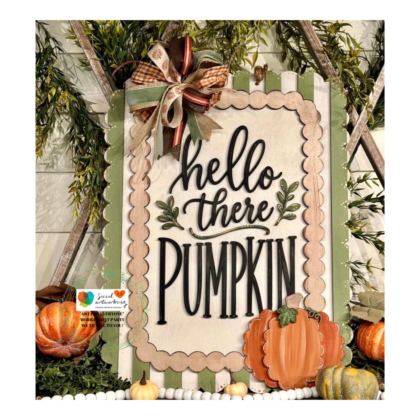 Hello There Pumpkin Scallop Edge and Lines 2-D Wood Door Hanger