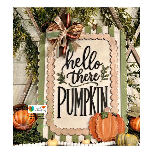 Hello There Pumpkin Scallop Edge and Lines 2-D Wood Door Hanger