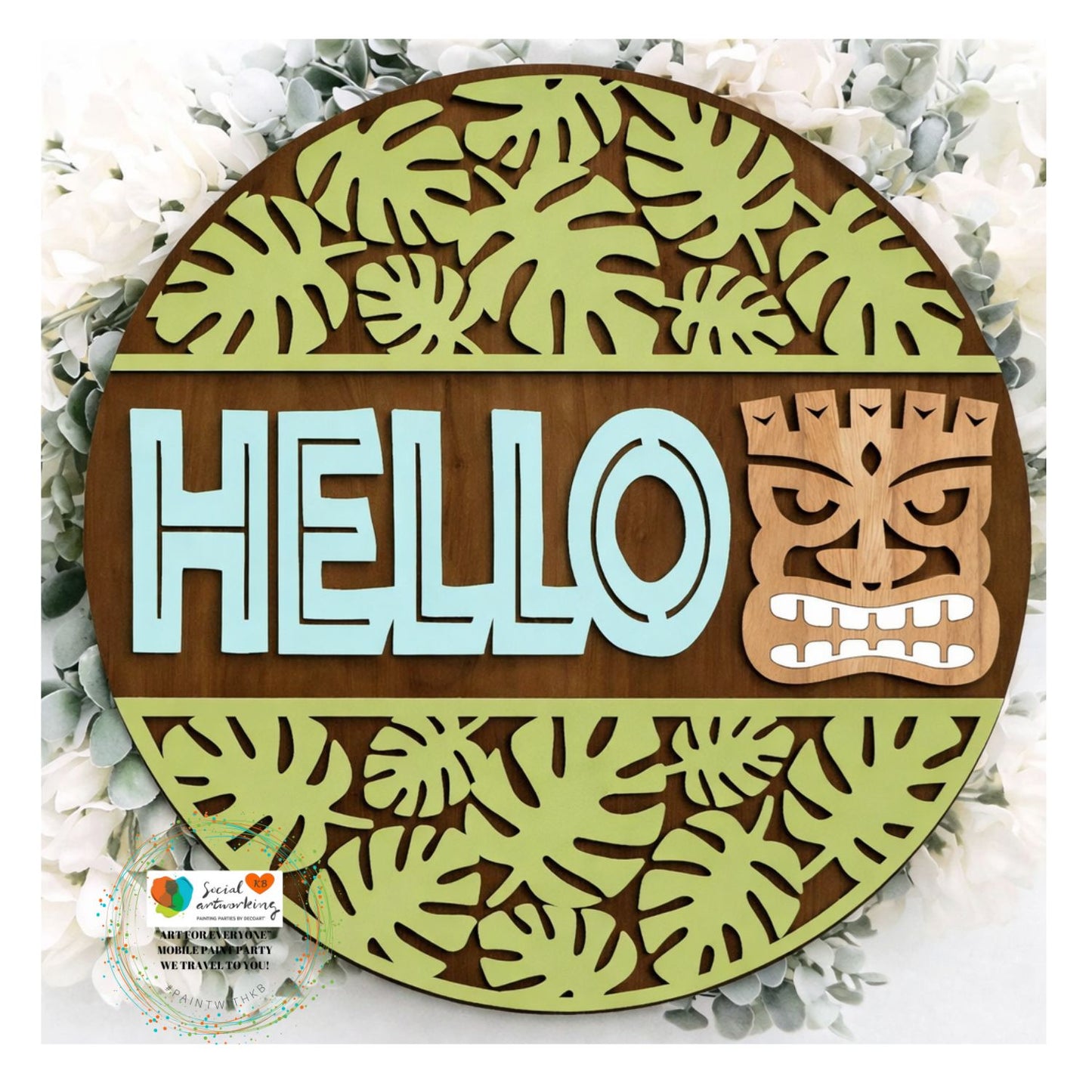 Hello Tiki Guy with Leaves 2-D Wood Hanger