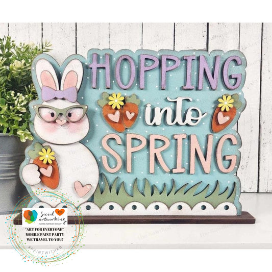 Hopping into Spring Word Art Shelf Sitter Stand Alone 2-D Wood Shape