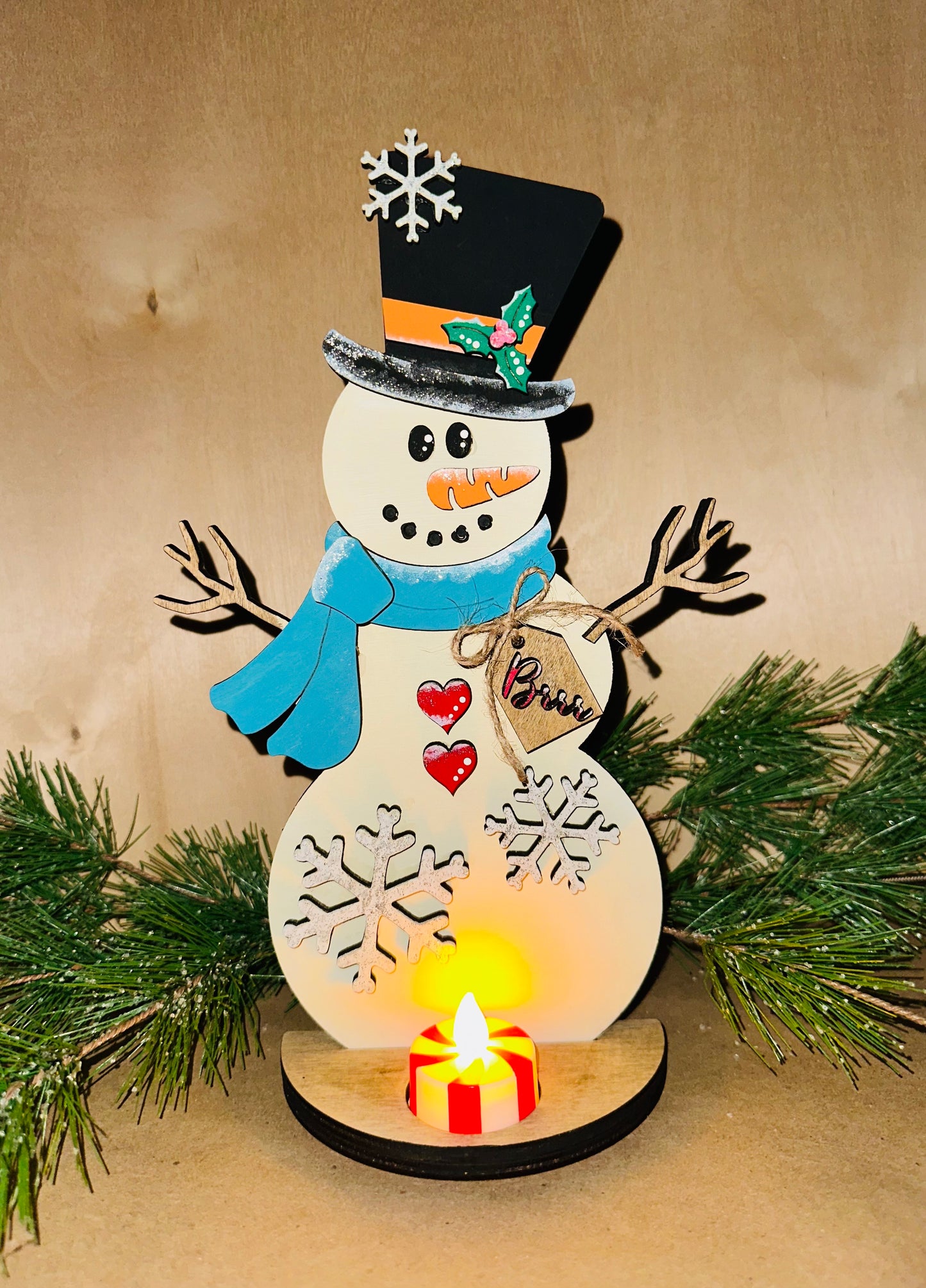 Winter Snowman Shelf Sitter, tea light holder 2-D wood shape