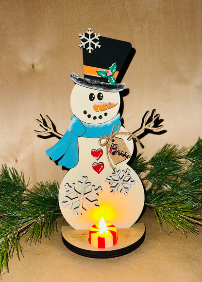 Winter Snowman Shelf Sitter, tea light holder 2-D wood shape