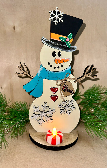Winter Snowman Shelf Sitter, tea light holder 2-D wood shape