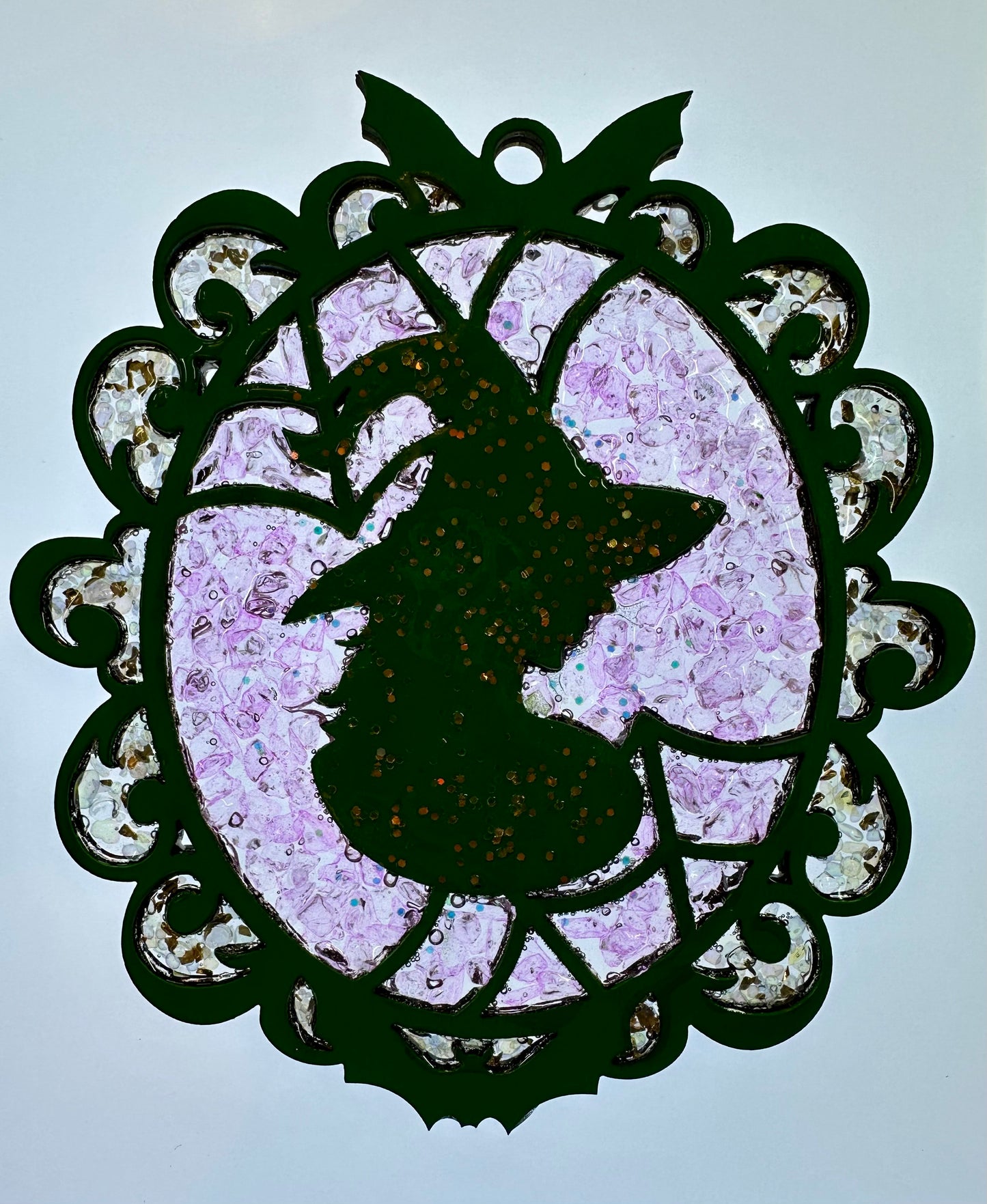 Faux Stain Glass Silhouette Witch in an Oval Shape