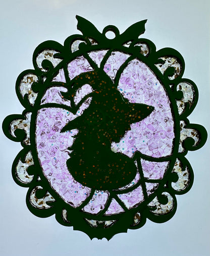Faux Stain Glass Silhouette Witch in an Oval Shape