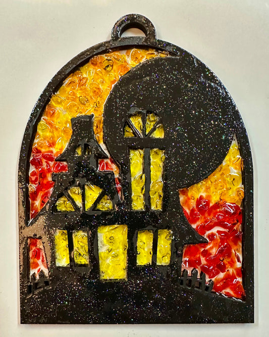 Faux Stain glass Haunted House with Moon
