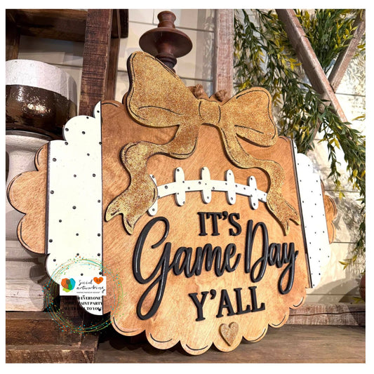 It's Game Day Y'ALL Football with bow 2-D Wood Door Hanger