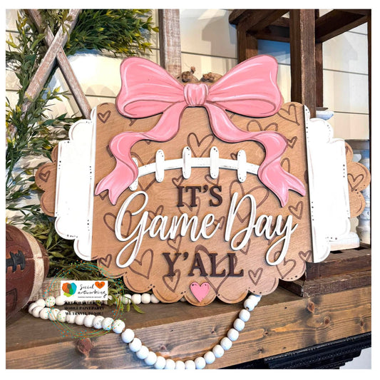 It's Game Day Y'ALL with heart etched background  Football with bow 2-D Wood Door Hanger