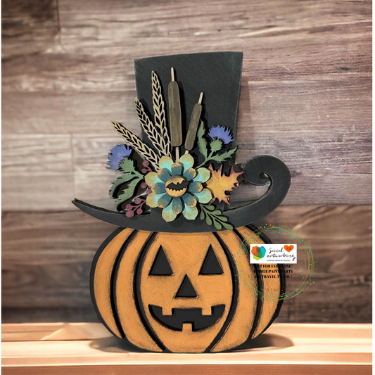 Jack O Lantern with Top Hat Floral Wood Flowers 2-D Shape