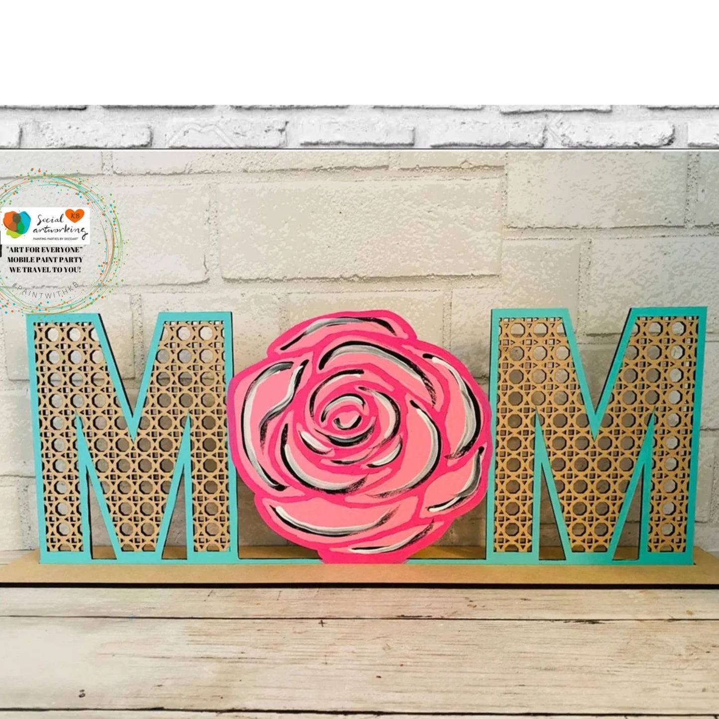 Mom Mother's Day Rattan Tabletop Shelf Sitter Sign with Flower 2-D