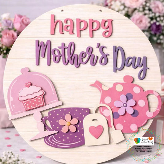 Happy Mother's Day Tea Pot, Tea Cup and Cupcake Stand with Flowers 2-D Door Hanger