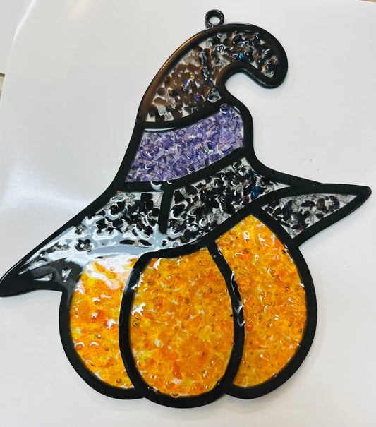 Faux Stain Glass Pumpkin with Witch Hat