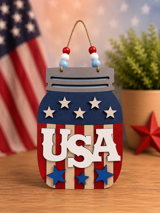 USA Patriotic Mason Jar Sign 2-D Wood Shape