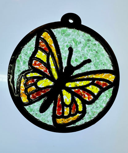 Faux Stain Glass Round Butterfly