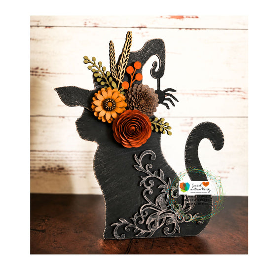 Floral Halloween Cat Witch Stand Alone Shape with Wood Flowers