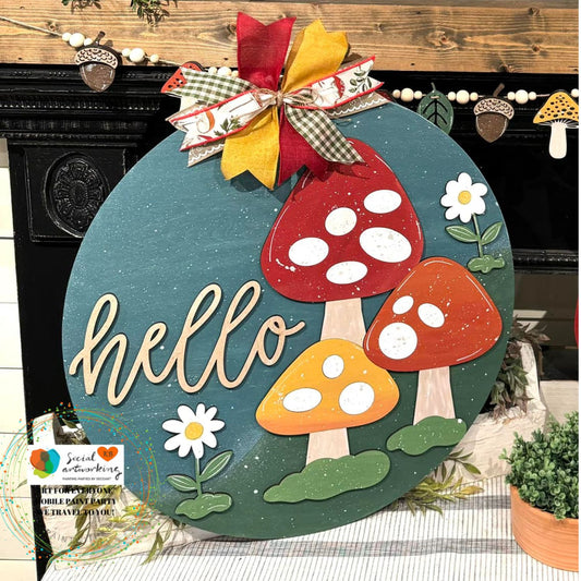 Hello Three Mushrooms 2-D Wood Door Hanger