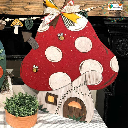 Mushroom House with Bees 2-D Wood Door Hanger