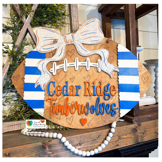 Team Name Football with Heart etched background 2-D Wood Door Hanger